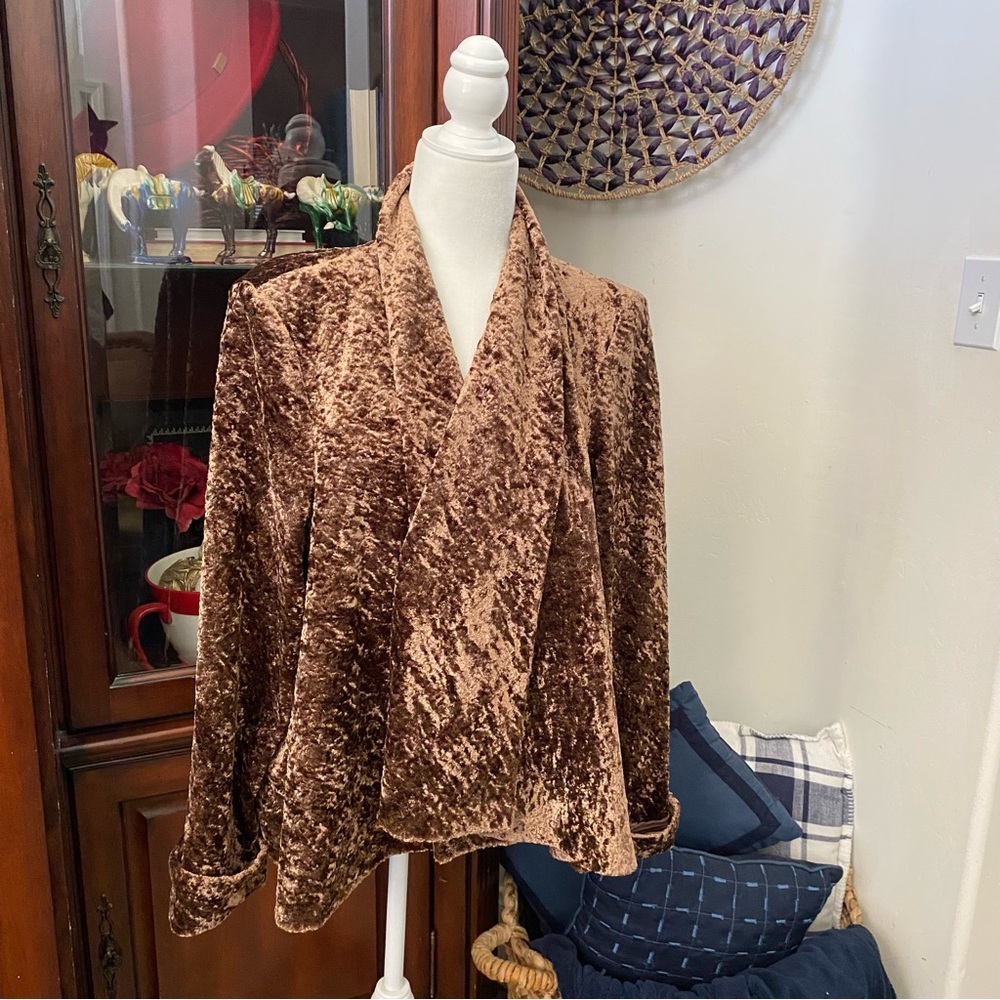 Floral Crushed Velvet Coverup Women’s L Brown Open Front Cuffed Sleeve Festive